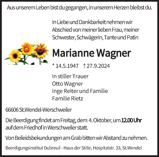 Traueranzeige von Marianne Wagner von saarbruecker_zeitung