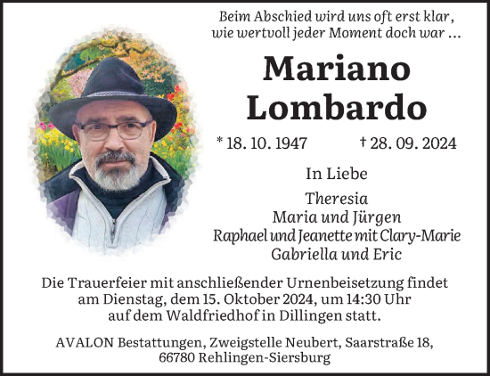 Traueranzeige von Mariano Lombardo von saarbruecker_zeitung