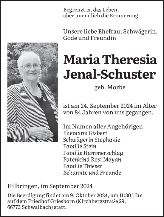 Traueranzeige von Maria Theresia Jenal-Schuster von saarbruecker_zeitung