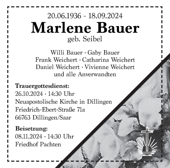 Traueranzeige von Marlene Bauer von saarbruecker_zeitung