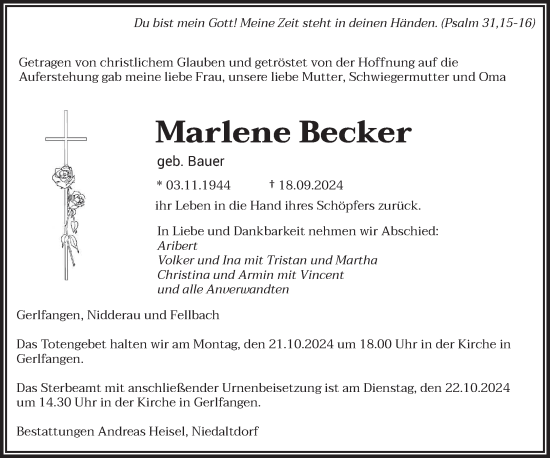 Traueranzeige von Marlene Becker von saarbruecker_zeitung