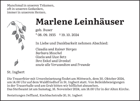 Traueranzeige von Marlene Leinhäuser von saarbruecker_zeitung