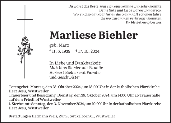 Traueranzeige von Marliese Biehler von saarbruecker_zeitung