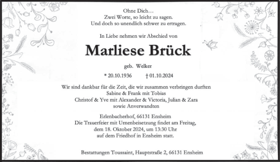 Traueranzeige von Marliese Brück von saarbruecker_zeitung