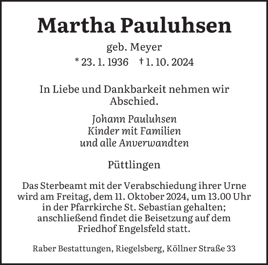 Traueranzeige von Martha Pauluhsen von saarbruecker_zeitung