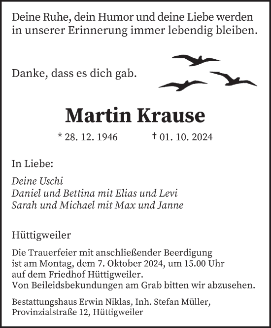 Traueranzeige von Martin Krause von saarbruecker_zeitung