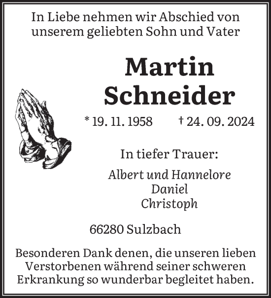 Traueranzeige von Martin Schneider von saarbruecker_zeitung