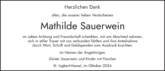 Traueranzeige von Mathilde Sauerwein von saarbruecker_zeitung