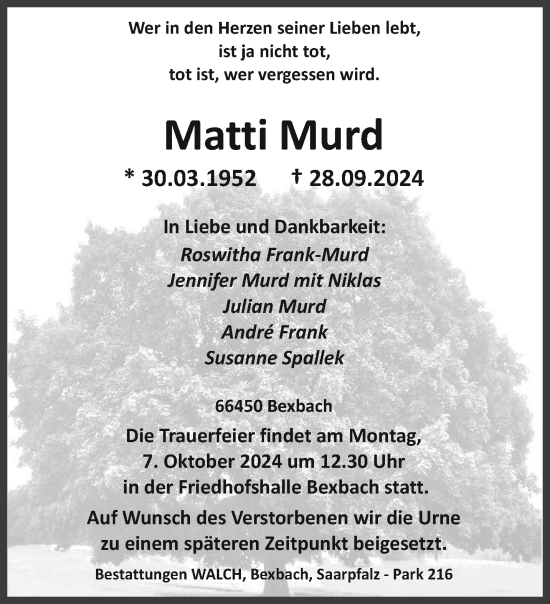 Traueranzeige von Matti Murd von saarbruecker_zeitung