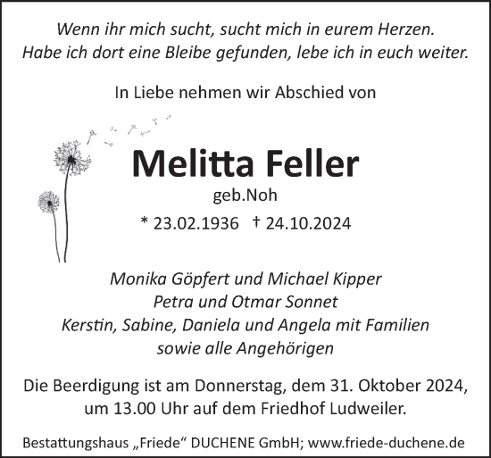 Traueranzeige von Melitta Feller von saarbruecker_zeitung