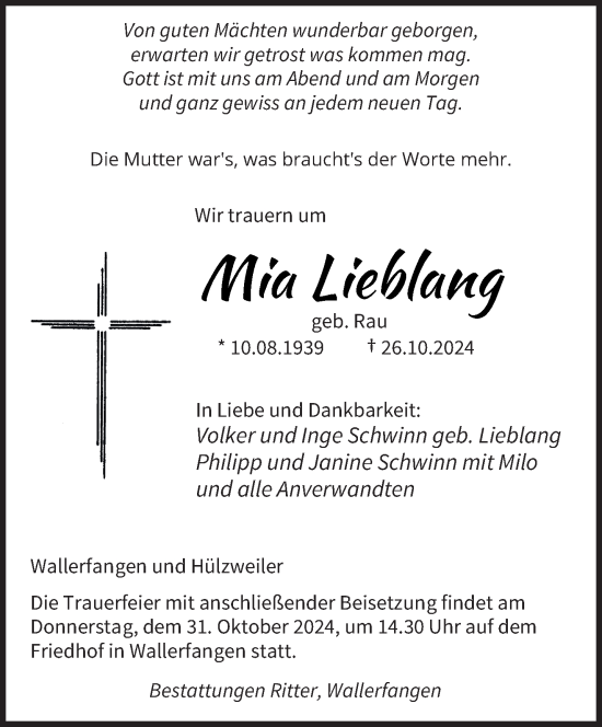 Traueranzeige von Mia Lieblang von saarbruecker_zeitung