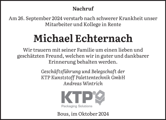 Traueranzeige von Michael Echternach von saarbruecker_zeitung