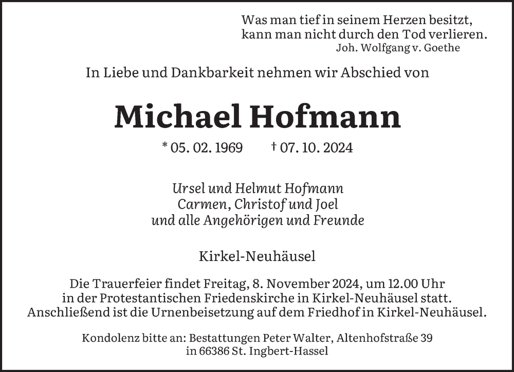  Traueranzeige für Michael Hofmann vom 19.10.2024 aus saarbruecker_zeitung