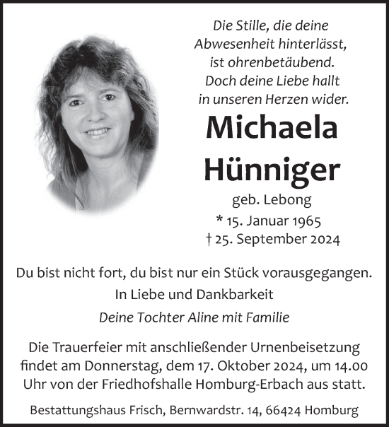 Traueranzeige von Michaela Hünniger von saarbruecker_zeitung