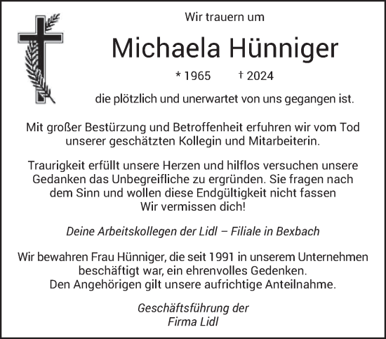 Traueranzeige von Michaela Hünniger von saarbruecker_zeitung