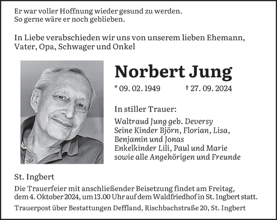 Traueranzeige von Norbert Jung von saarbruecker_zeitung