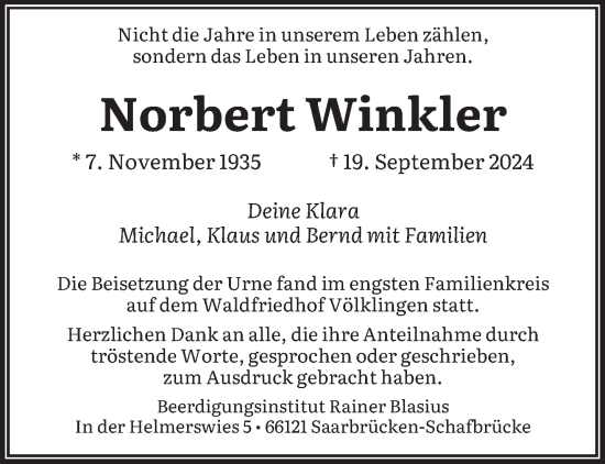 Traueranzeige von Norbert Winkler von saarbruecker_zeitung