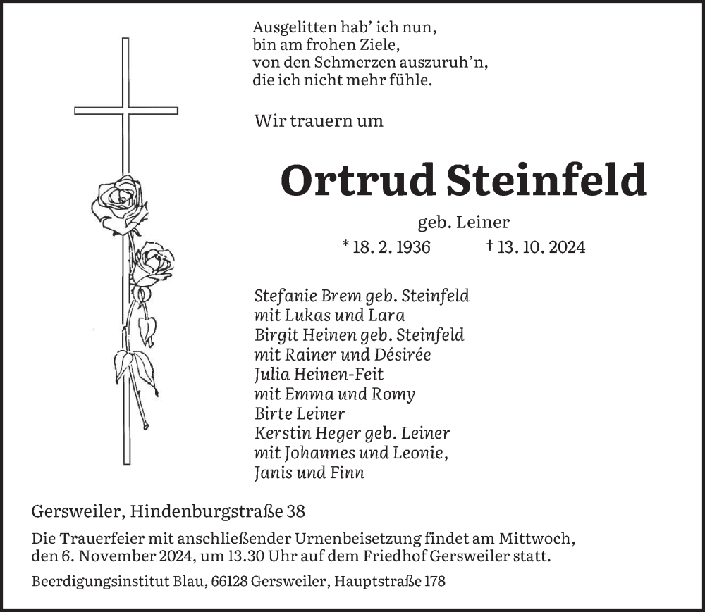  Traueranzeige für Ortrud Steinfeld vom 26.10.2024 aus saarbruecker_zeitung