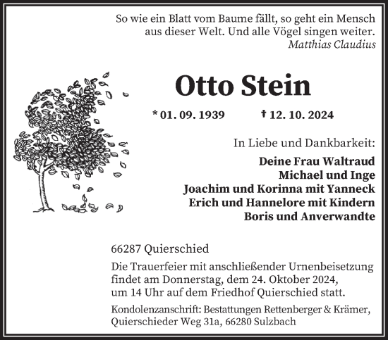 Traueranzeige von Otto Stein von saarbruecker_zeitung