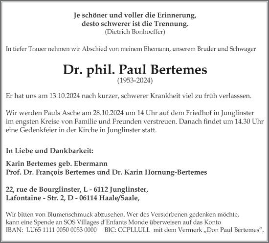 Traueranzeige von Paul Bertemes von saarbruecker_zeitung