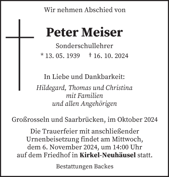 Traueranzeige von Peter Meiser von saarbruecker_zeitung