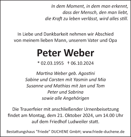 Traueranzeige von Peter Weber von saarbruecker_zeitung