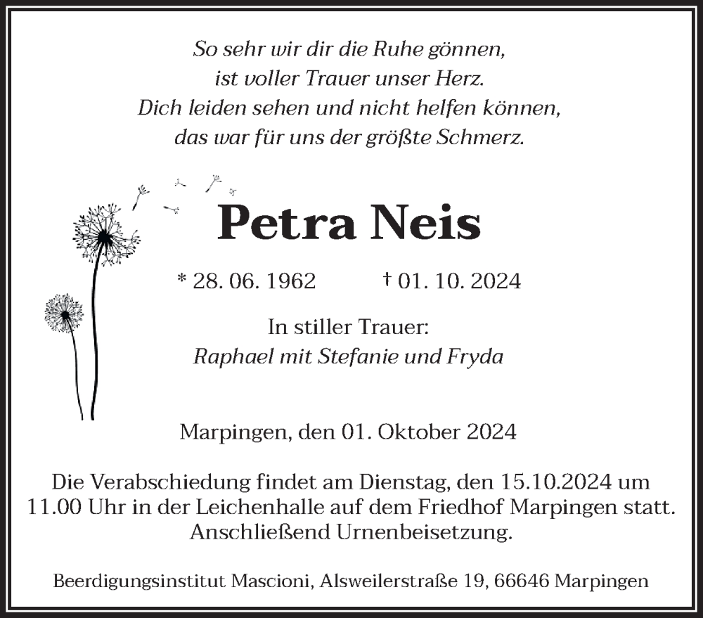  Traueranzeige für Petra Neis vom 12.10.2024 aus saarbruecker_zeitung