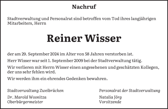 Traueranzeige von Reiner Wisser von saarbruecker_zeitung