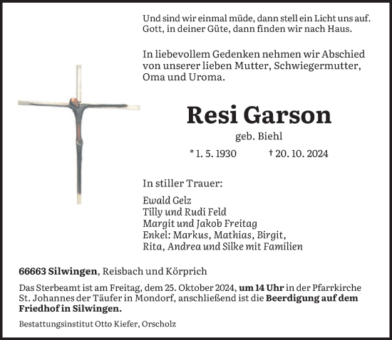 Traueranzeige von Resi Garson von saarbruecker_zeitung