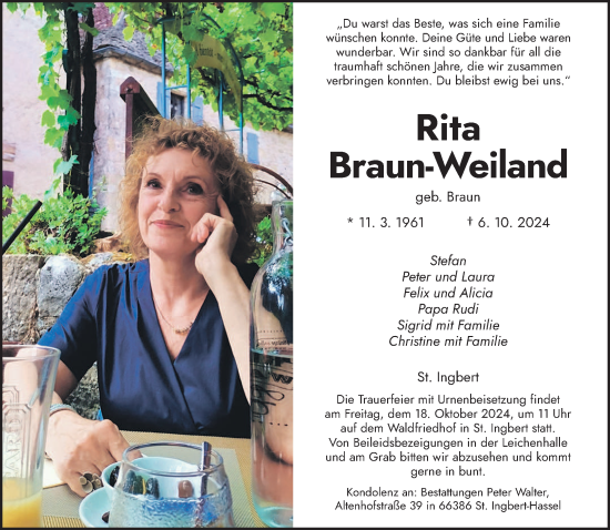 Traueranzeige von Rita Braun-Weiland von saarbruecker_zeitung