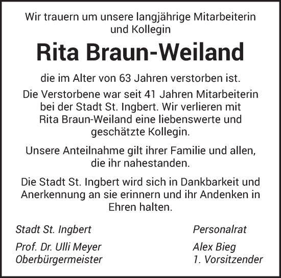 Traueranzeige von Rita Braun-Weiland von saarbruecker_zeitung