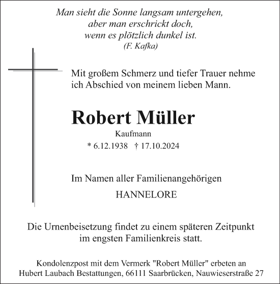 Traueranzeige von Robert Müller von saarbruecker_zeitung