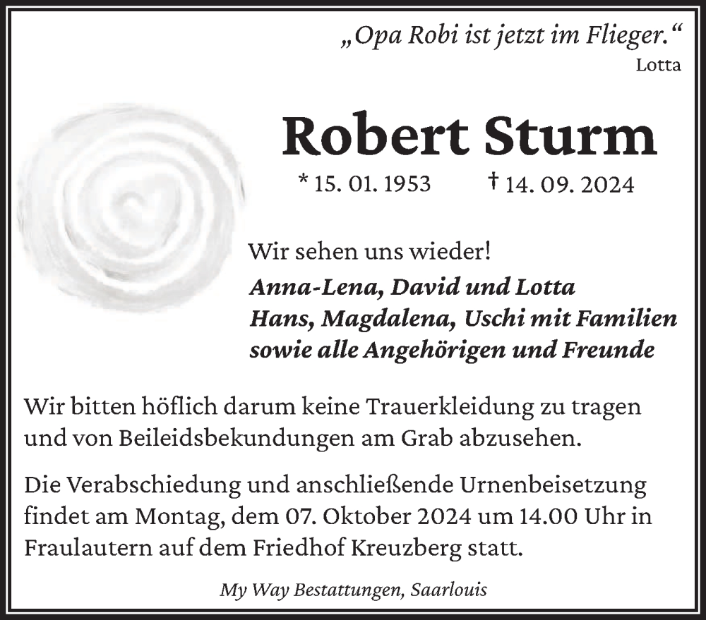  Traueranzeige für Robert Sturm vom 02.10.2024 aus saarbruecker_zeitung