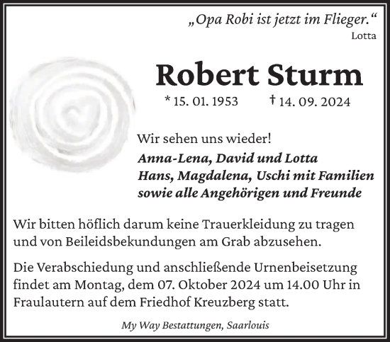 Traueranzeige von Robert Sturm von saarbruecker_zeitung