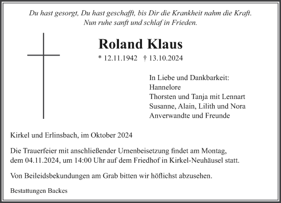 Traueranzeige von Roland Klaus von saarbruecker_zeitung