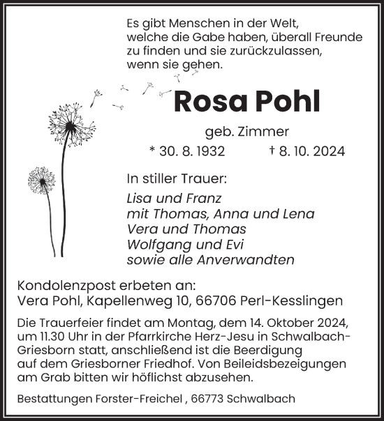 Traueranzeige von Rosa Pohl von saarbruecker_zeitung