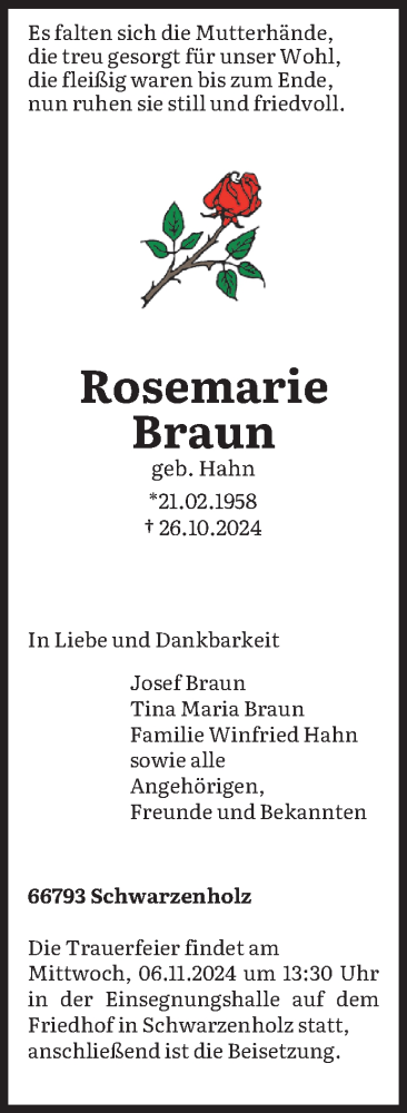 Traueranzeige von Rosemarie Braun von saarbruecker_zeitung