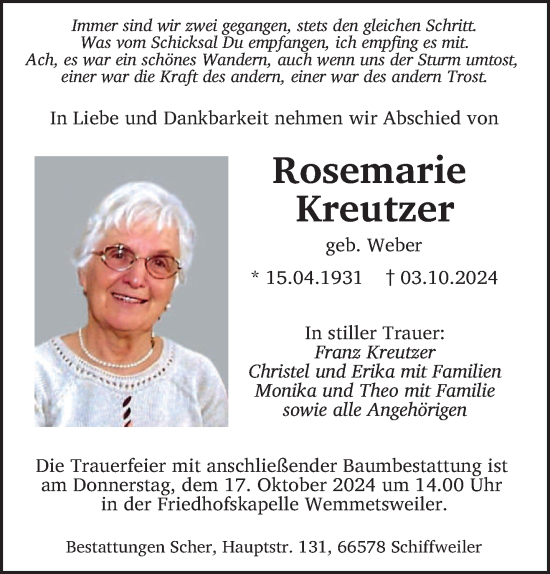 Traueranzeige von Rosemarie Kreutzer von saarbruecker_zeitung