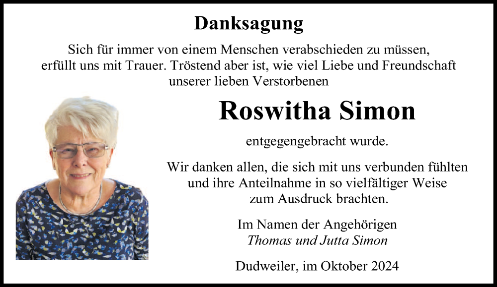  Traueranzeige für Roswitha Simon vom 12.10.2024 aus saarbruecker_zeitung