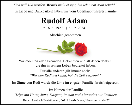 Traueranzeige von Rudolf Adam von saarbruecker_zeitung