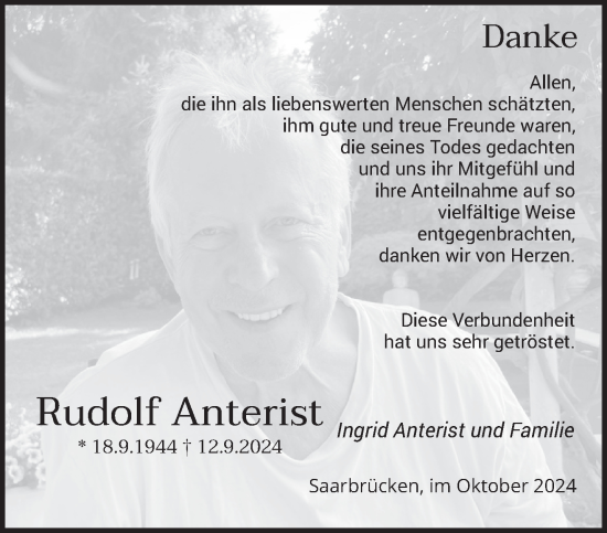 Traueranzeige von Rudolf Anterist von saarbruecker_zeitung