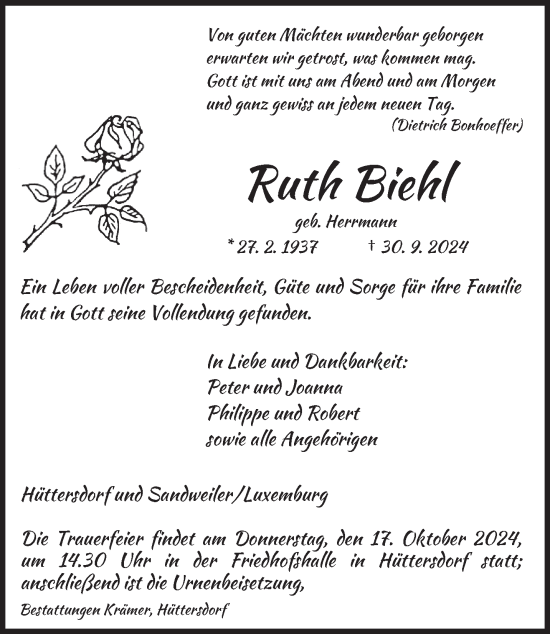 Traueranzeige von Ruth Biehl von saarbruecker_zeitung