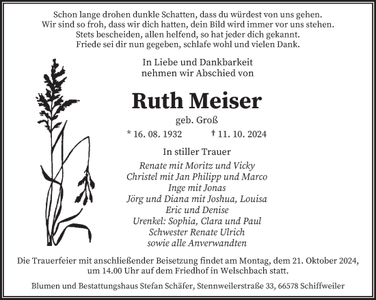 Traueranzeige von Ruth Meiser von saarbruecker_zeitung