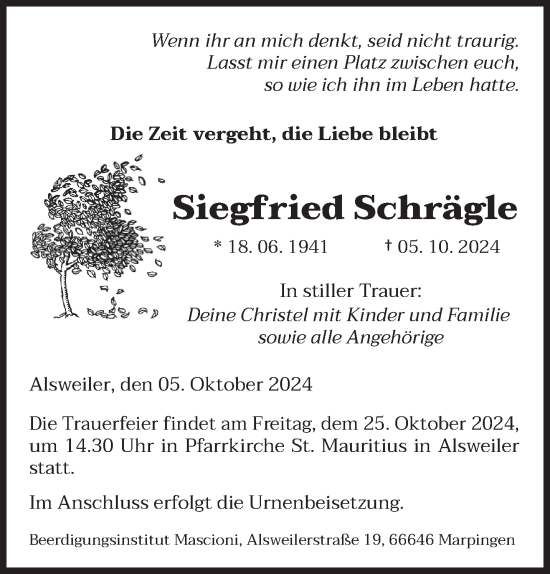 Traueranzeige von Siegfried Schrägle von saarbruecker_zeitung