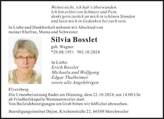 Traueranzeige von Silvia Bosslet von saarbruecker_zeitung