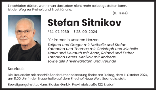 Traueranzeige von Stefan Sitnikov von saarbruecker_zeitung