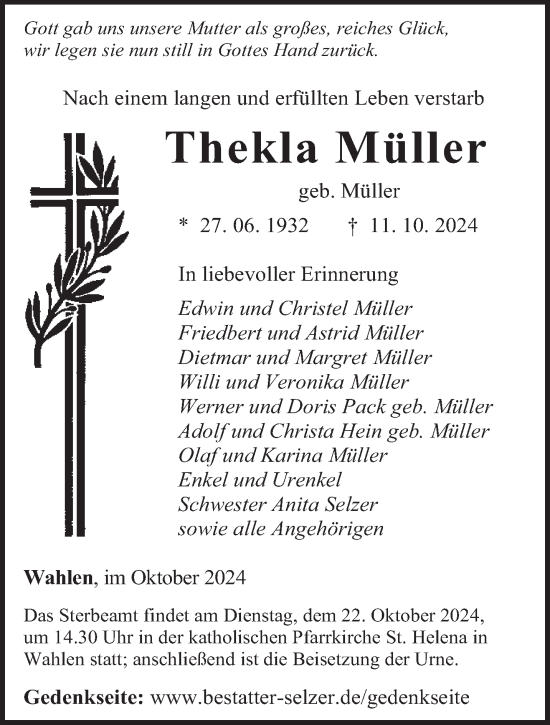 Traueranzeige von Thekla Müller von saarbruecker_zeitung