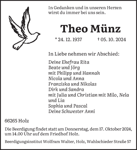 Traueranzeige von Theo Münz von saarbruecker_zeitung