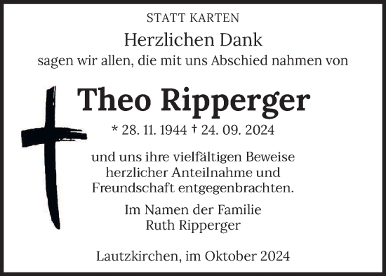 Traueranzeige von Theo Ripperger von saarbruecker_zeitung