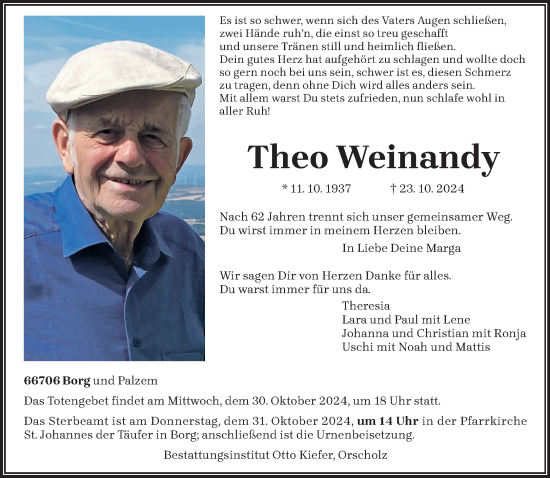 Traueranzeige von Theo Weinandy von saarbruecker_zeitung